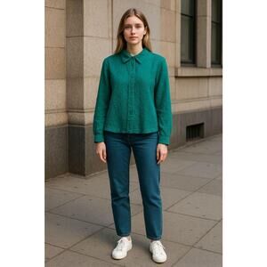 Rafael Women's Scrunch Shirt Small Green Polyester Long Sleeve‎ Button-Up